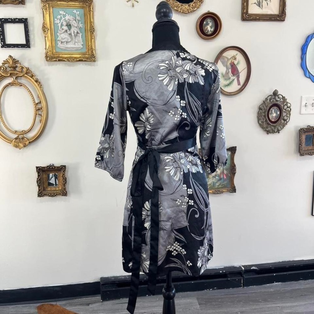 Vintage Y2K She's Cool Black & Gray Floral Wrap Dress – Satin Trim – Size Small - Picture 3 of 4